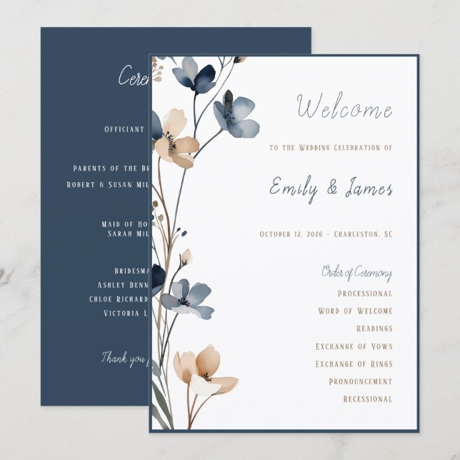 Programme Dusty Blue Beige Botanical Modern Elegant Wedding (Devant / Derrière)