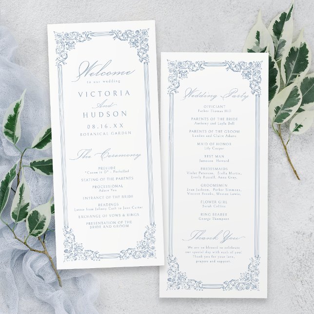 Programme Dusty Blue Vintage Frame Elegant Script Mariage (Dusty Blue Vintage Frame Elegant Script Wedding Program)