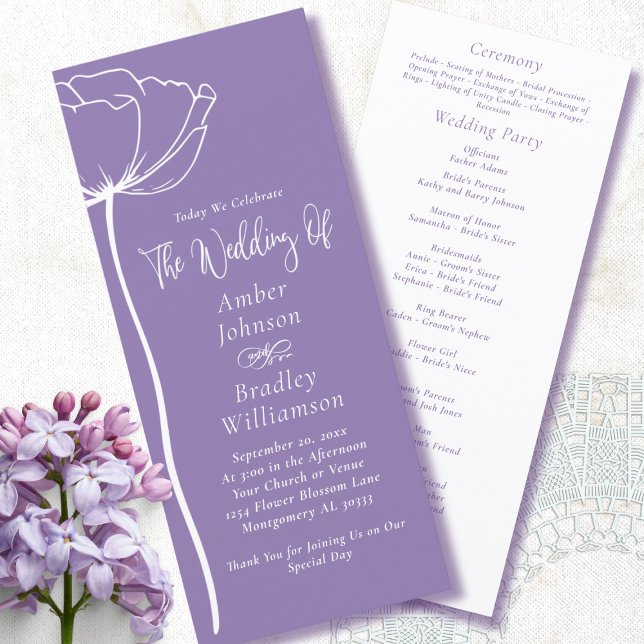 Programme Dusty Purple Blanc Floral Script Simple Mariage (Créateur téléchargé)