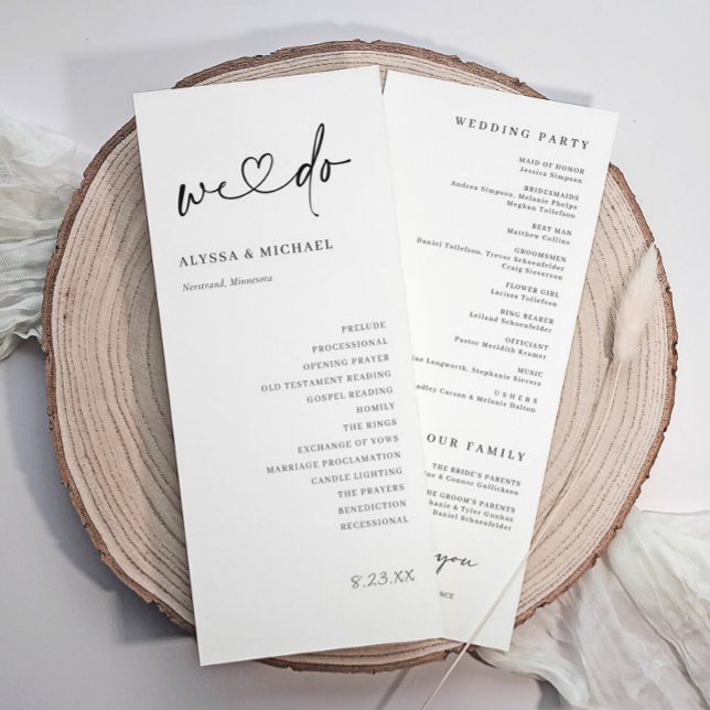 Programme Écriture manuscrite moderne Coeur simple Nous fais (Modern black and white wedding program with elegant handwritten script and minimalist design)