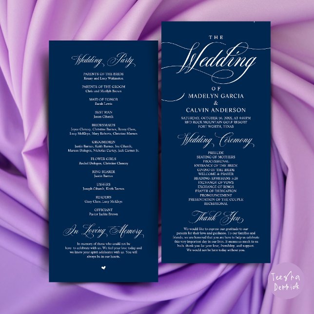 Programme Élégance Classique Bleu Nuit, Ordre de la Cérémoni (Classic Elegance Wedding Ceremony Order Program Card in Navy Blue)