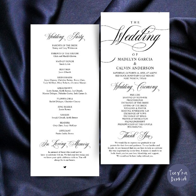 Programme Élégance Classique Écriture Noire, Cérémonie de Ma (Classic Elegance Black Script, Wedding Ceremony Program Card)