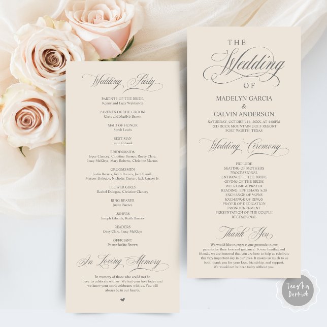 Programme Élégance classique Gris Script Mariage cérémonie (Wedding Ceremony Program Card, in Classic Elegance Classy Delicate Dark Grey and Cream themed )