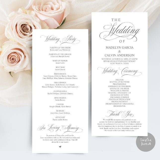 Programme Élégance classique Script, Cérémonie Mariage (Wedding Program Card, in Modern Classy Script, in Dark Grey)