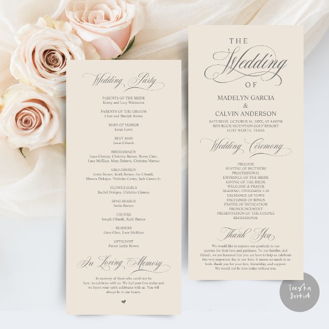 Programme Élégance classique Script, Cérémonie Mariage (Wedding Program Card, in Modern Classy Script, in Dark Grey and Cream)