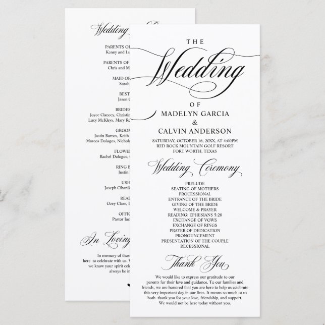 Programme Élégance classique Script noir, Cérémonie Mariage (Devant / Derrière)