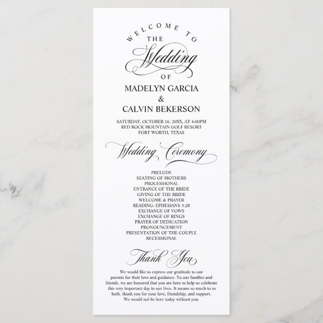 Programme Élégance classique Script noir, Cérémonie Mariage (Devant)