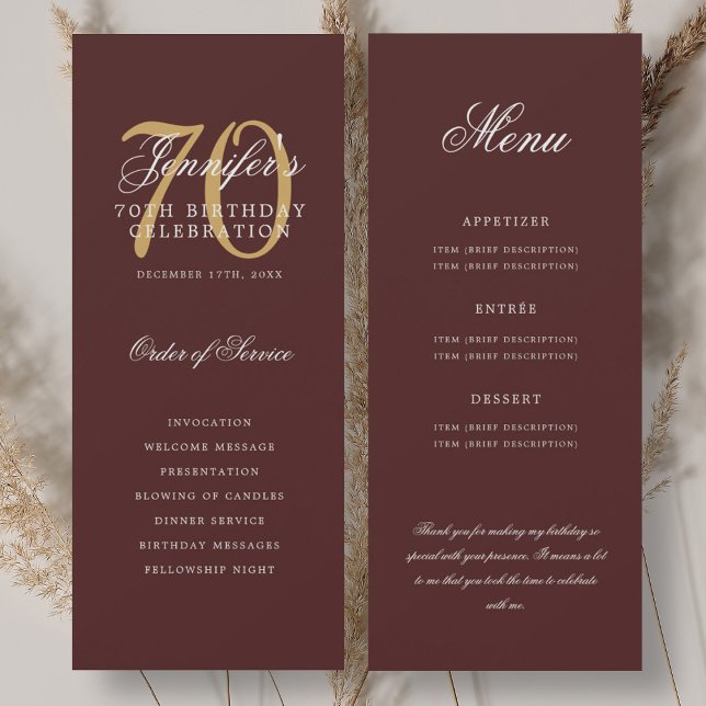 Programme élégant 70 ans Menu Bourgogne Or+Remerci (Elegant 70th Program Gold Burgundy Menu+Thank You)