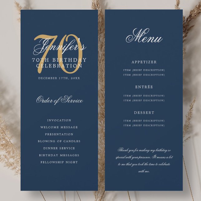 Programme élégant 70e anniversaire Or Bleu Marine  (Elegant 70th Program Gold Navy Blue Menu+Thank You)