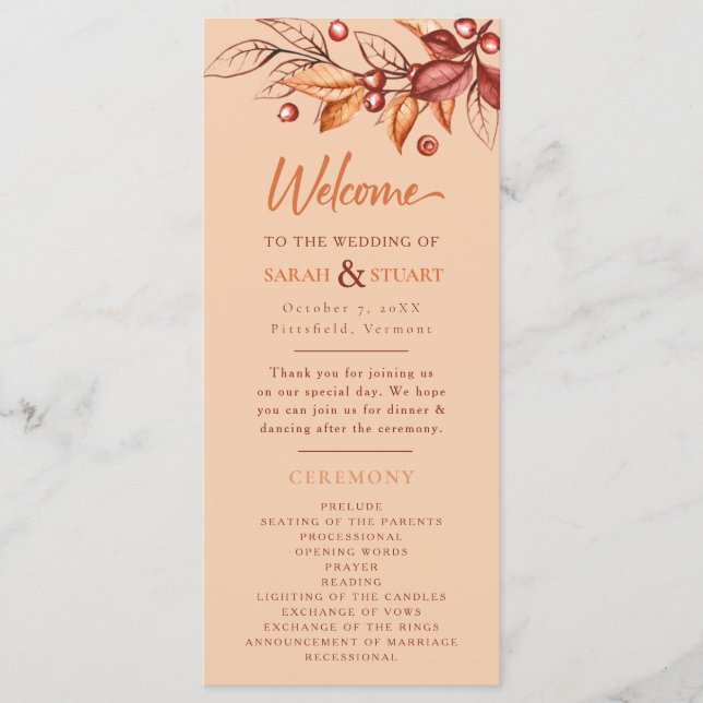 Programme Élégant Automne ton Terre Terracotta Mariage (Devant)