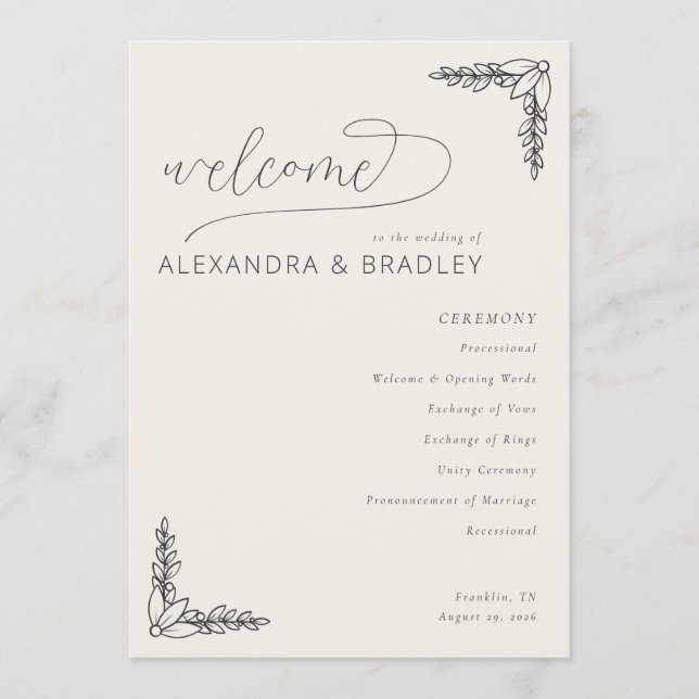 Programme Elegant Beige Botanical Wedding Ceremony Schedule (Devant)