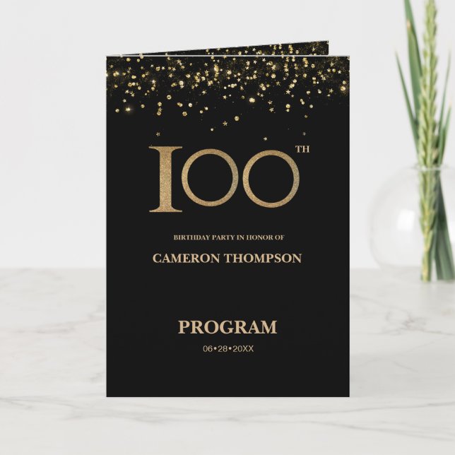 Programme Elegant Black Gold confetti Custom 100th birthday  (Devant)