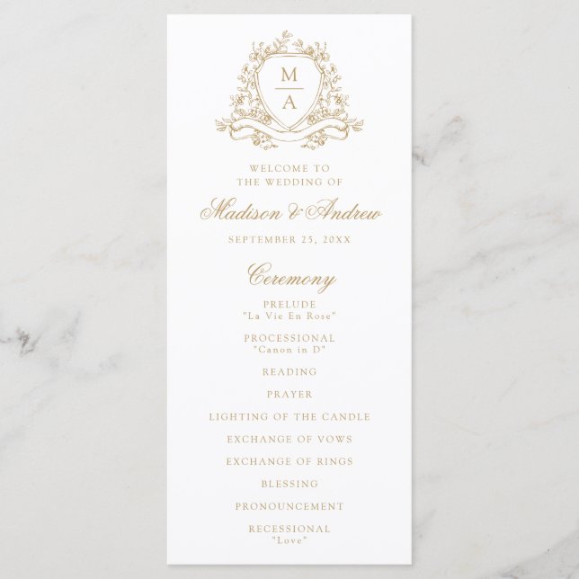 Programme Élégant Blason Floral Or Monogramme Mariage (Devant)