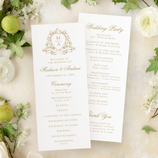 Programme Élégant Blason Floral Or Monogramme Mariage (Créateur téléchargé)