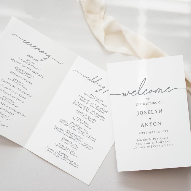 Programme Élégant Calligraphie Chic Gris Mariage Plié (Créateur téléchargé)