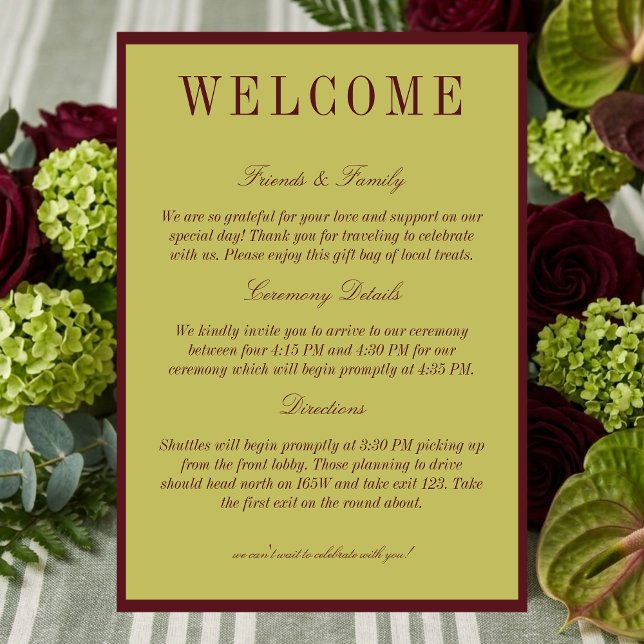 Programme Élégant Chartreuse Bourgogne Mariage Bienvenue (Elegant Chartreuse Burgundy Wedding Welcome Program)