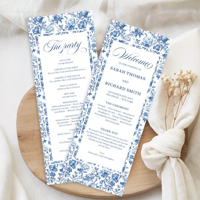 Programme Elegant Chic Navy Blue Toile de Jouy Roses Wedding (Elegant Chic Navy Blue Toile de Jouy Roses Wedding Program)