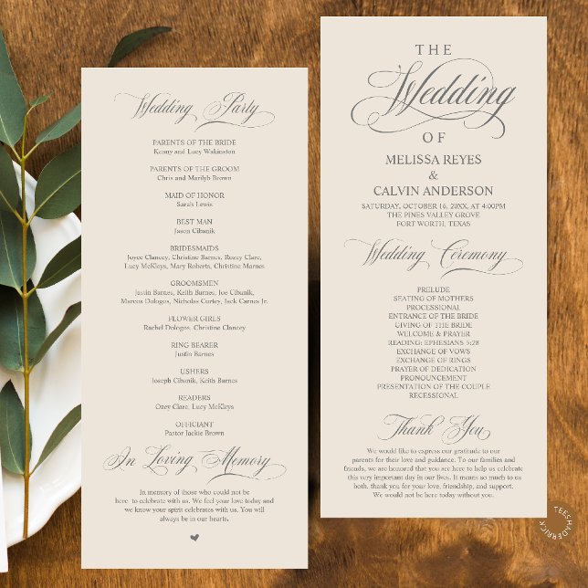 Programme Élégant Classe Gris Foncé Crème Écriture Mariage (Elegant Classy Dark Grey Cream Script Wedding Program Card)