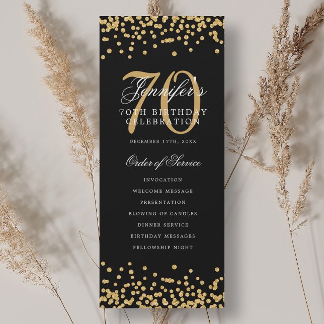 Programme élégant de 70e anniversaire avec confett (Elegant 70th Birthday Program Gold Black Confetti)