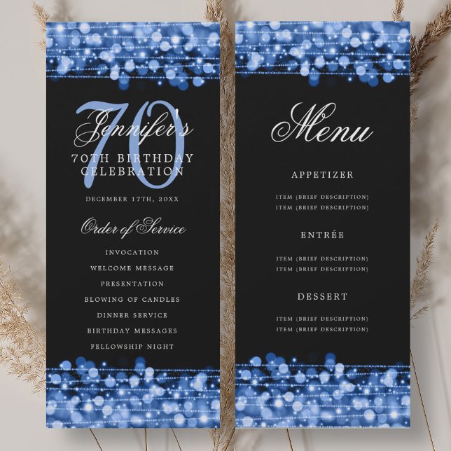 Programme élégant de 70e anniversaire Bleu marine  (Elegant 70th Birthday Program Navy Blue w/ Menu)