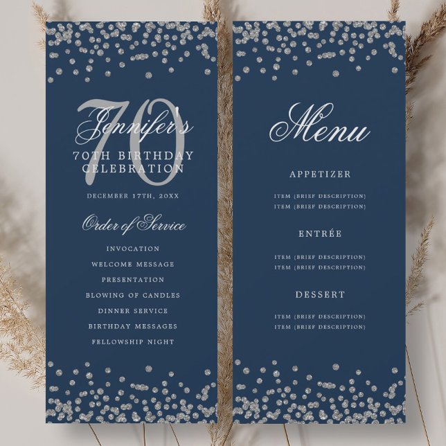 Programme élégant de 70e anniversaire Menu argent  (Elegant 70th Birthday Program Silver Menu Navy )