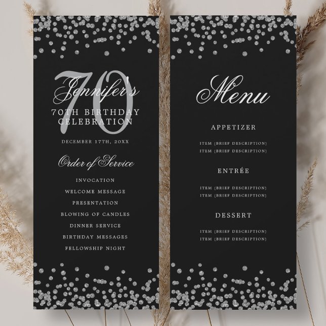 Programme élégant de 70e anniversaire Menu argent  (Elegant 70th Birthday Program Silver Menu Black )