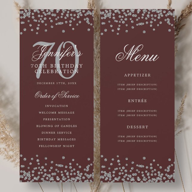 Programme élégant de 70e anniversaire Menu argent  (Elegant 70th Birthday Program Silver Menu Burgundy)