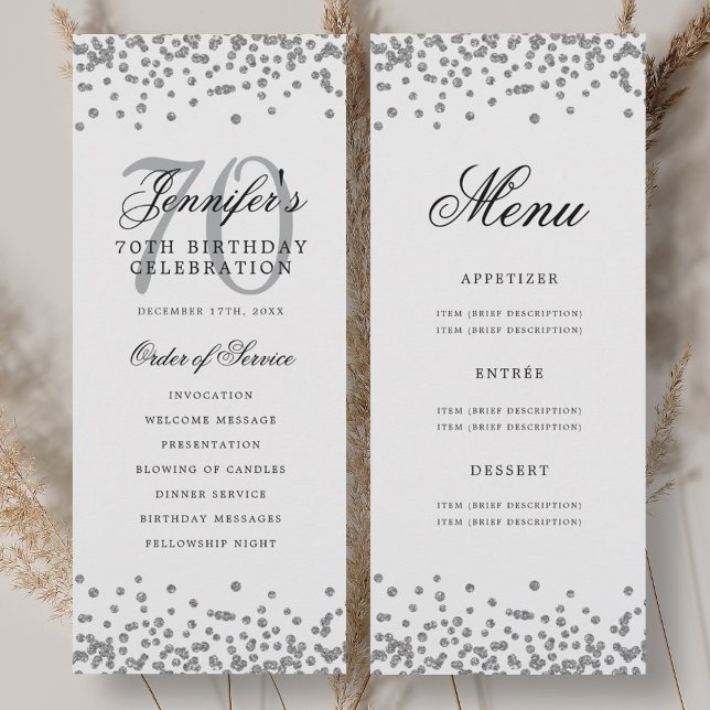 Programme élégant de 70e anniversaire Menu confett (Elegant 70th Birthday Program Silver Confetti Menu)
