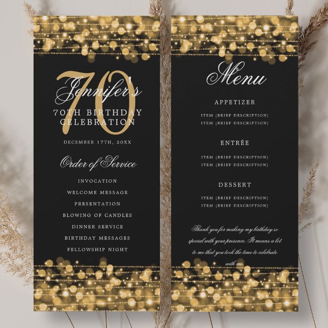 Programme élégant de 70e anniversaire Menu Or+Merc (Elegant 70th Birthday Program Gold Menu+Thank You)