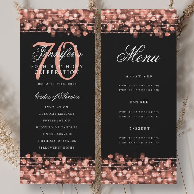 Programme élégant de 70e anniversaire Rose Gold av (Elegant 70th Birthday Program Rose Gold w/ Menu)