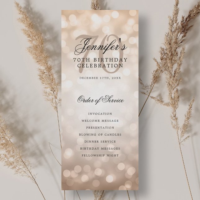 Programme élégant de 70e anniversaire Rose Gold Bo (Elegant 70th Birthday Program Rose Gold Bokeh)