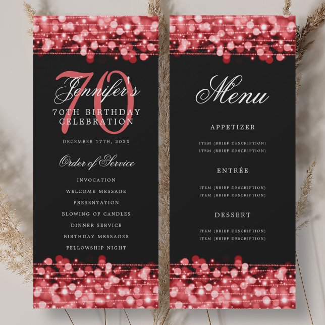 Programme élégant de 70e anniversaire Ruby Red ave (Elegant 70th Birthday Program Ruby Red w/ Menu)