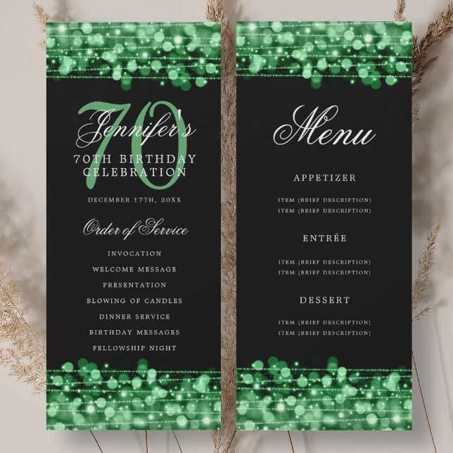 Programme élégant de 70e anniversaire Vert avec me (Elegant 70th Birthday Program Green w/ Menu)