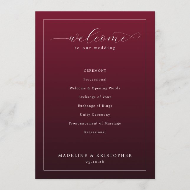 Programme élégant de cérémonie de mariage bordeaux (Devant)