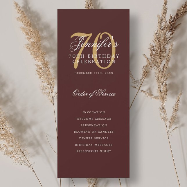 Programme élégant de fête d'anniversaire 70 ans Bo (Elegant 70th Birthday Party Program Burgundy Gold )