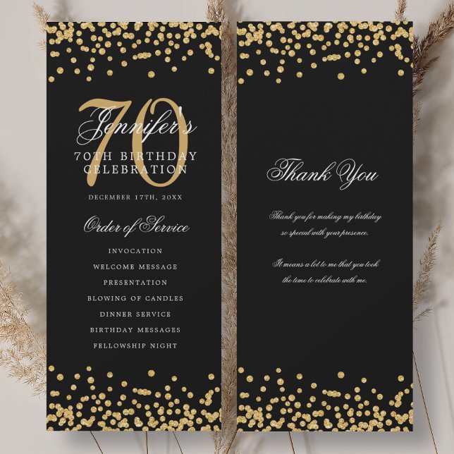 Programme élégant de remerciement pour 70e anniver (Elegant 70th Birthday Program Thank You Gold Black)
