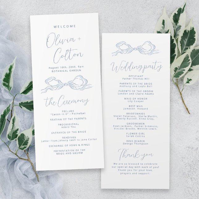 Programme Élégant Dusty Blue Main Drawn Bow Wedding Programm (Elegant Dusty Blue Hand Drawn Bow Wedding Program)