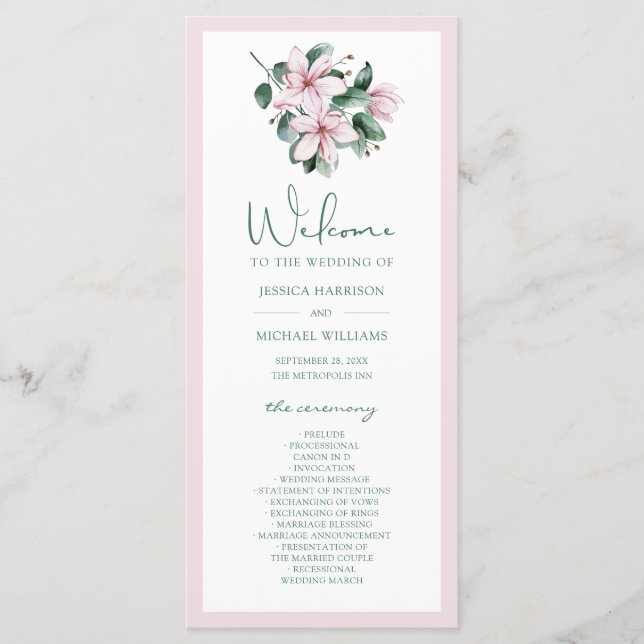 Programme Elégant Dusty rose Aquarelle Magnolia Mariage (Devant)