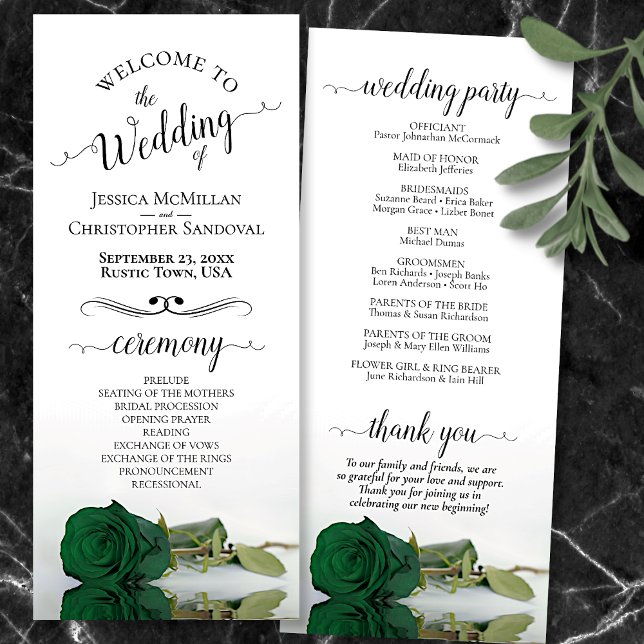 Programme Élégant Emerald Green Rose Mariage romantique (Front and Back)