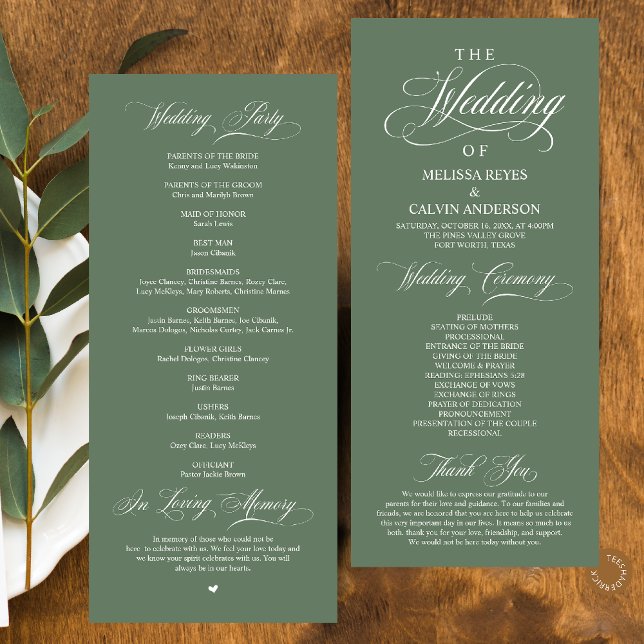 Programme Élégant et Raffiné Mariage avec Écriture en Vert S (Elegant Classy Sage Green Script Wedding Program Card)