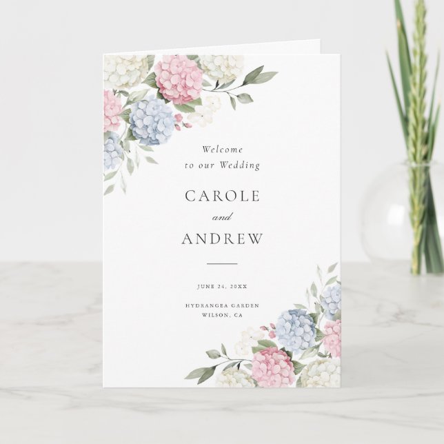 Programme Élégant floral bleu mariage plié hydrangea rose (Devant)