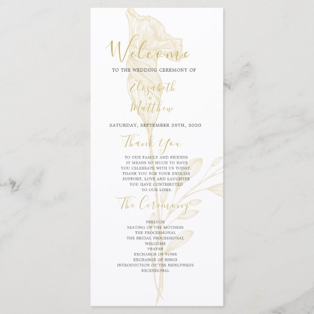 Programme Élégant Gold Floral Script Simple Wedding Programm (Devant)