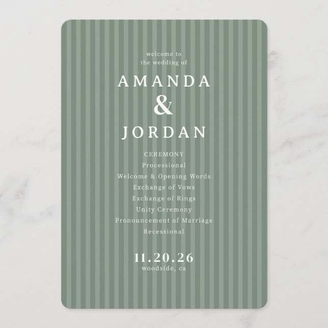 Programme Elegant Green Striped Wedding Ceremony (Devant)