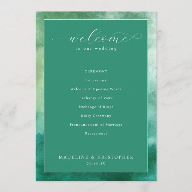 Programme Elegant Green Watercolor Wedding Ceremony (Devant)