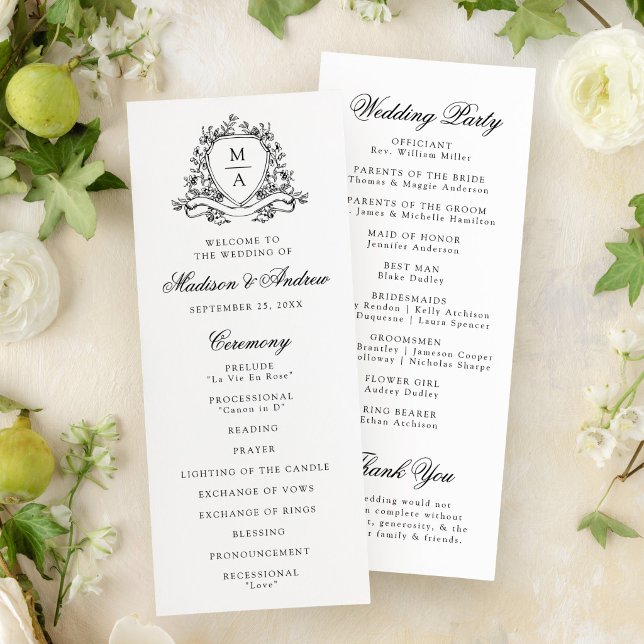 Programme Élégant Mariage à Blason Floral Monogramme Noir (Créateur téléchargé)