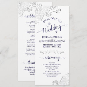 Programme Élégant Mariage Argent Boucles Bleu Marine sur Fon