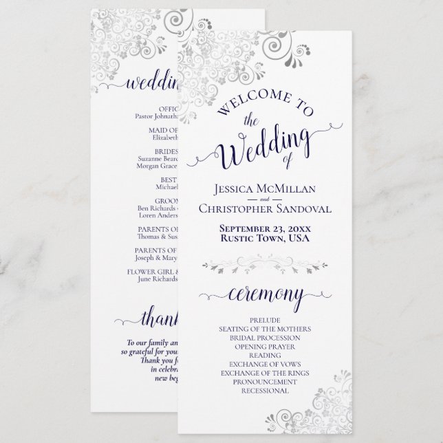Programme Élégant Mariage Argent Boucles Bleu Marine sur Fon (Devant / Derrière)