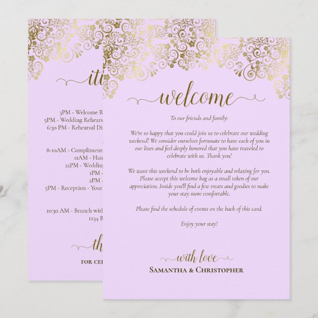 Programme Élégant Mariage Bienvenue & Itinéraire Lilas & Or (Devant / Derrière)