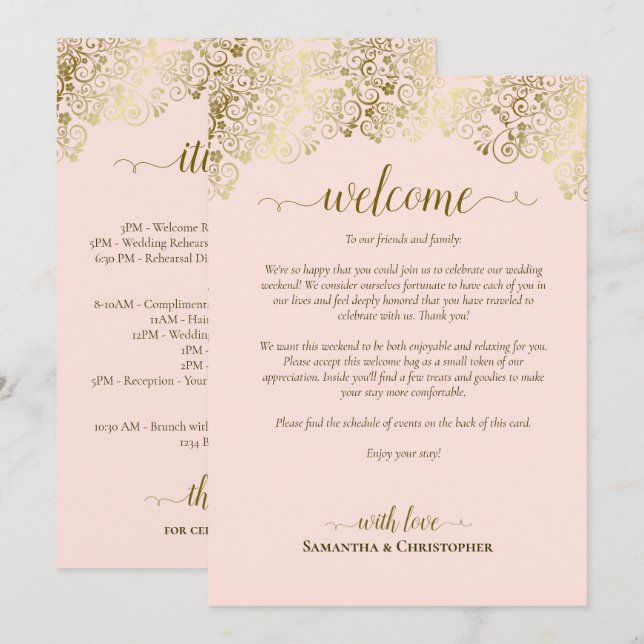 Programme Élégant Mariage Bienvenue & Itinéraire Rose & Or (Devant / Derrière)