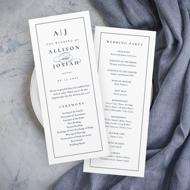 Programme Élégant Mariage bleu marine Monogram (Elegant Navy Blue and White Wedding Programs with Monogram.)